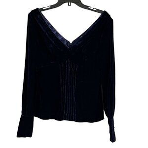Alice & Olivia‎ Deep V-Neck Velvet Blouse Button Cuff Pintuck Detail Navy Medium
